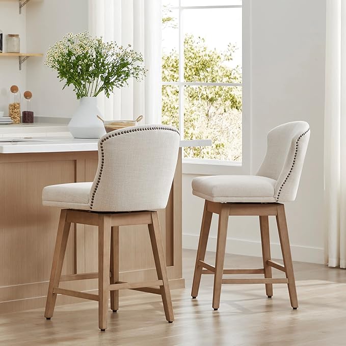 CHITA Counter Height Swivel Barstools, FSC Certified Upholstered Performance Fabric Bar Stools Set of 2, 26" Seat Height, Linen