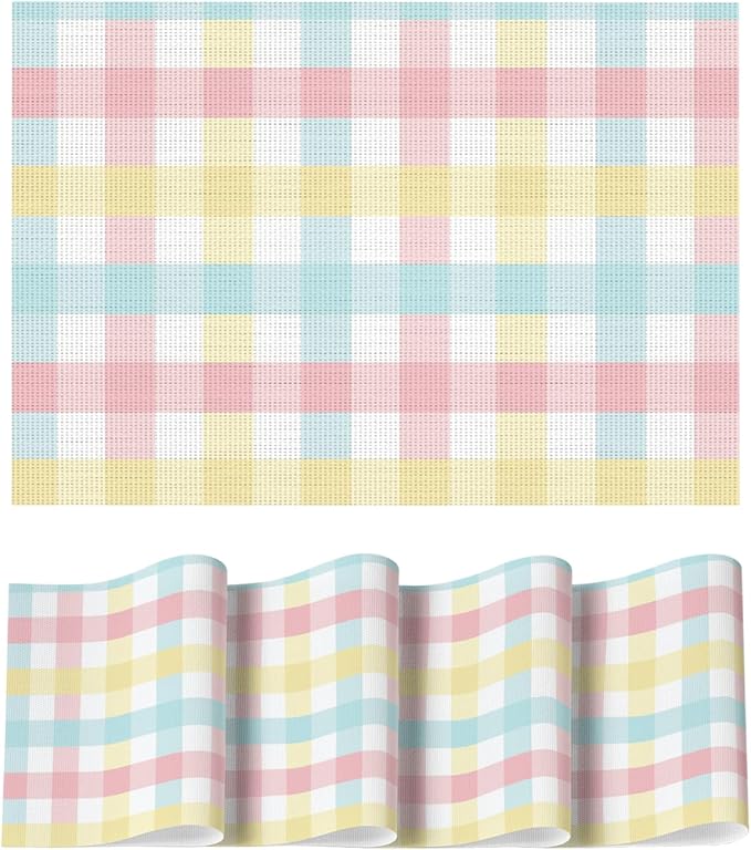 Artoid Mode Buffalo Plaid Vinyl Placemats Set of 4, 12x18 Inch Washable Non-Slip Heat Resistant Plastic Place Mats for Party Dining Table, Pink/Blue