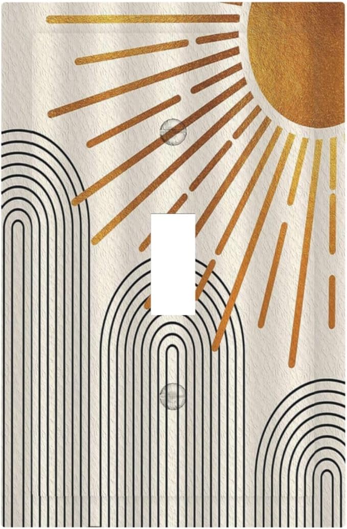 Decorative Light Switch Cover Mid Century Boho Sun Beige Minimalist Abstract 1 Gang Wall Plate Cover Single Toggle Outlet Covers Switchplate Electrical Faceplate for Bathroom Bedroom（2 Pack）