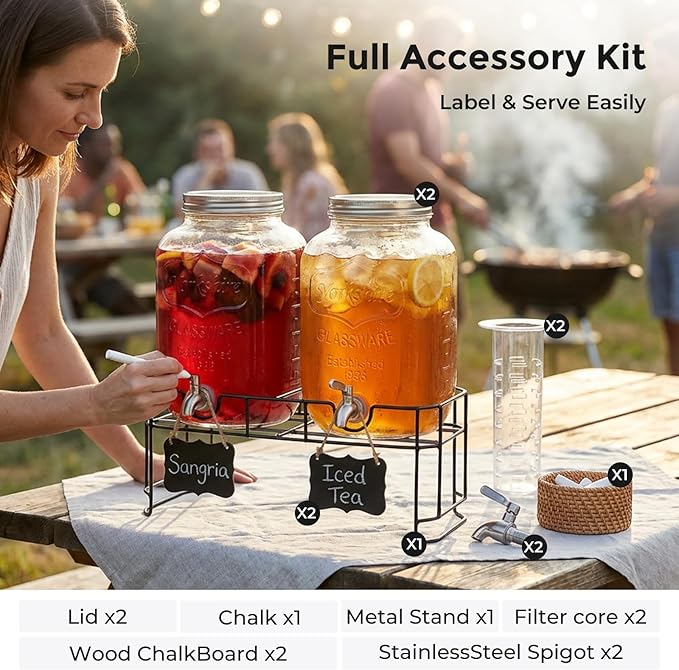 DD&HAPP 2 Gallon Glass Drinks For Parties With Stand.Stainless Steel Spigots & Metal Stand,Large Capacity Beverage Dispenser for Party,Infused Water,Iced Tea,Lemonade,Outdoor,Commercial Use.