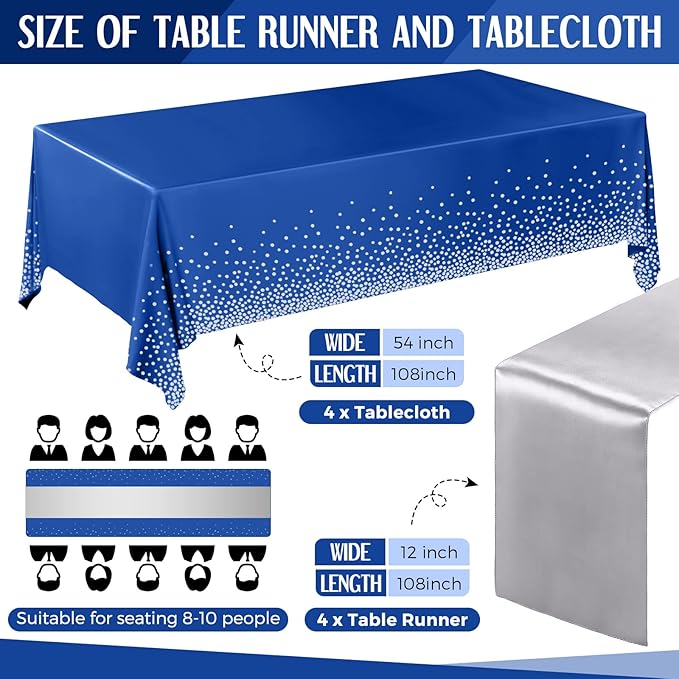Breling 8 Pack Navy Blue and Silver Disposable Plastic Tablecloths and Satin Table Runner, 54 x 108 Inch Tablecloth, 12 x 108 Inch Table Runners for Wedding Graduation Birthday Baby Shower New Year