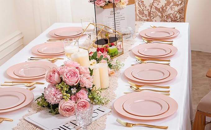 FLOWERCAT 200PCS Pink Plastic Plates Disposable Plates for Party - Heavy Duty Plastic Plates - 100 10" Pink Dinner Plates and 100 7" Pink Salad Plates for Weddings, Easter Parties,Mother's Day