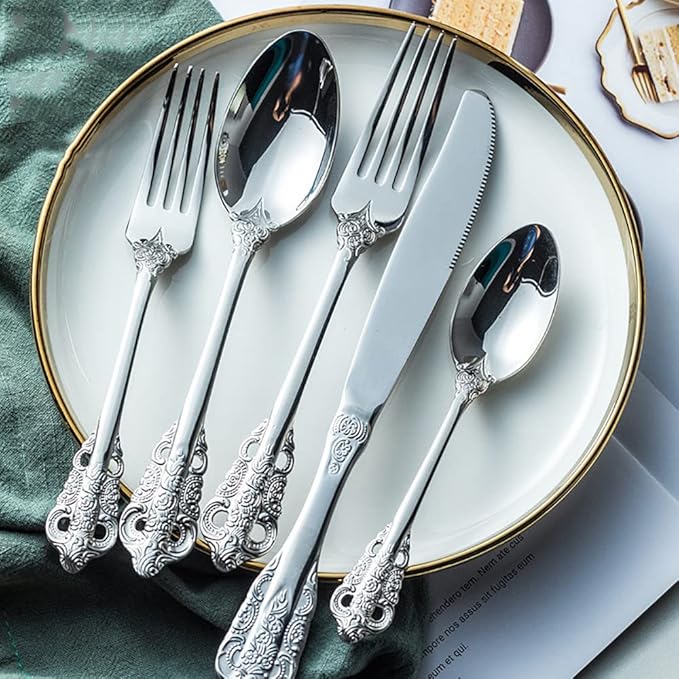 Silverware Set for 8 Premium 18/10 Stainless Steel Flatware Set Palace Style 40 Piece Cutlery Tableware Utensils Embossed Decorative Handle Knives Forks and Spoons for Home Christmas Wedding
