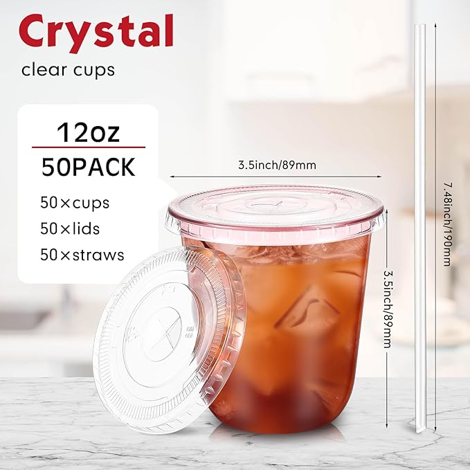 50 Sets Clear Plastic Cups with Lids and Straws, Disposable Iced Coffee Cups Drinking PET for Cold Drinks, Juice, Smoothie, Coffee Shops, Party, Christmas(Pink,12 oz)
