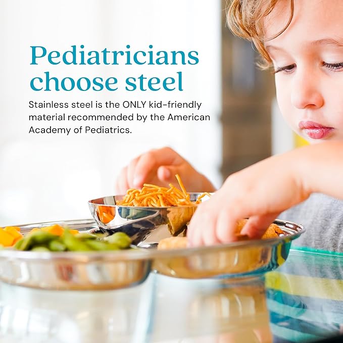 Ahimsa Stainless Steel Kids Plate, Pediatrician Designed Divided Toddler & Baby Plates, Non Toxic, Unbreakable & Dishwasher Safe, Polished