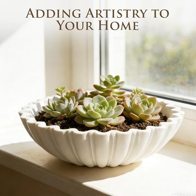 White Decorative Bowl Modern Home Decor - 10.6" Large Resin & Sandstone Centerpiece Bowl for Entryway Table, Coffee Table, Kitchen Counter or Serving Fruit, Keys, Includes 10PCS Artificial Moss Rocks