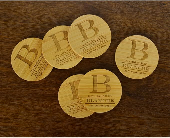 Personalized Coasters, Custom Engraved Coasters, Bamboo Coasters for Drinks, Monogram Coasters with Holder, Great Gifts for Relatives, Friends or Yourself (B, Set of 4)