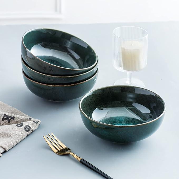 UNICASA Ceramic Cereal Bowls Set, 18 OZ Salads Bowls Set of 4, Dessert Serving Bowl for Soup, Reactive Glaze Ramen Bowls, Microwave Oven and Dishwasher Safe (Teal)