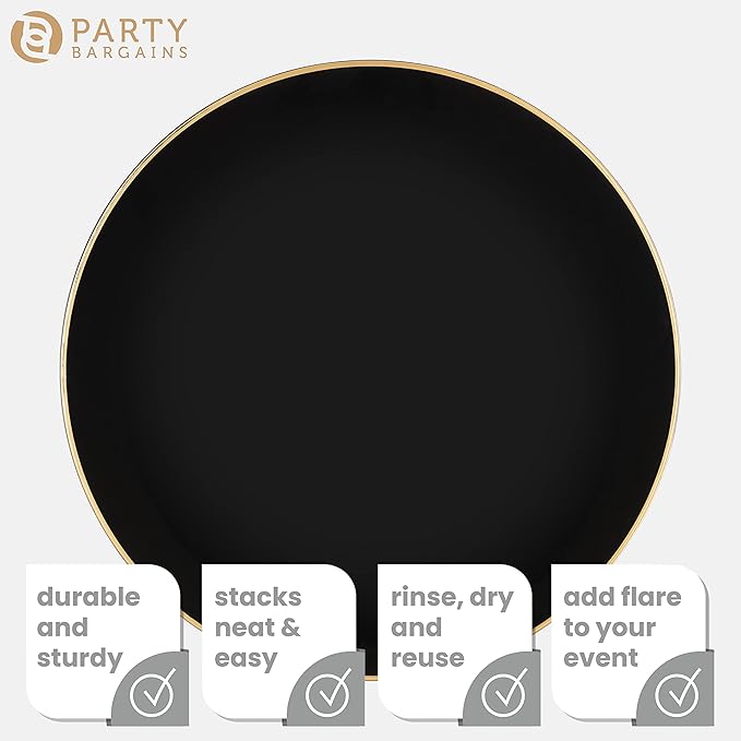 PARTY BARGAINS 13-Inch Charger Plates - 96 Pack, Organic Collection Black Gold Rim, Heavy-Duty Disposable Chargers for Elegant Dining - Ideal for Weddings and Formal Events