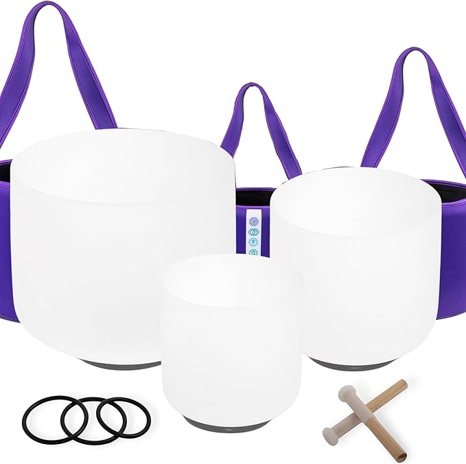 7inch 8inch 9inch Crystal singing bowls set sound bowl for healing Mindfulness, Meditation, Yoga, Spiritual and Body Healing Chakra Bowl (7A+8C+9F, 440hz 7-9"with soft bag)