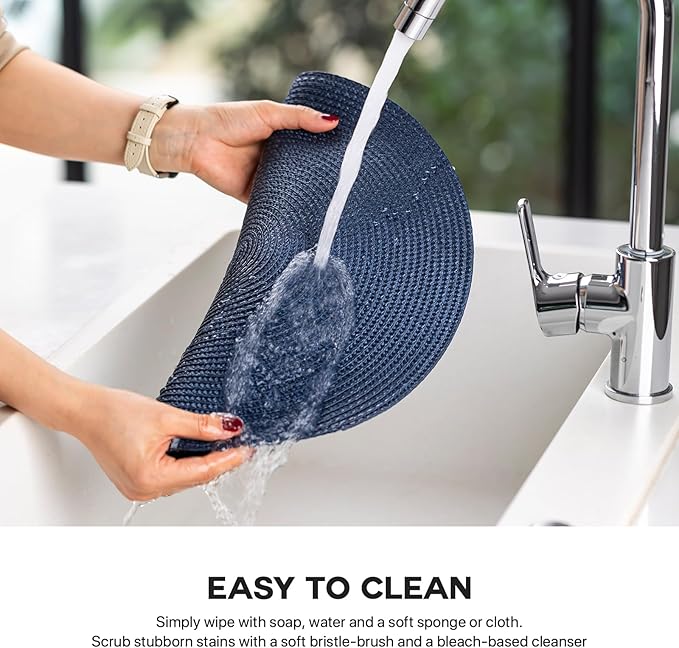 Round Placemats Set of 12 Plastic Woven Placemats Washable Wipeable Table Mats for Dining Table Heat Resistant Non-Slip Circle Place Mats (Navy Blue)