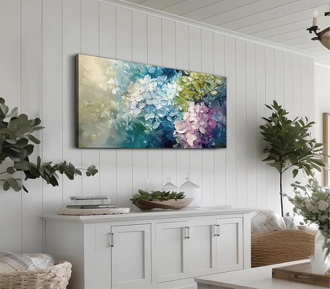ADJUVANT Wall Art Impressionist Colorful Hydrangea 60" L x 30" W, Vibrant Hydrangea Blooms Canvas Painting Lush Petals Artwork Prints Floral Wall Decor for Living Room Bedroom Dining Room Home Office