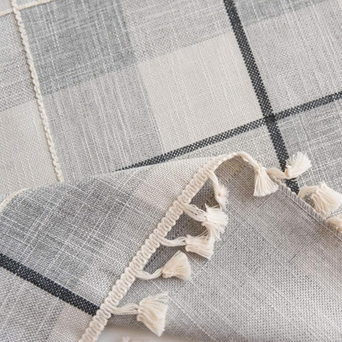 Dimatic Heavy Weight Cotton Linen Tablecloth, Plaid Tassel Round Table Cover for Kitchen Dining Room Tabletop Decorations, Round - 63", Grey Check