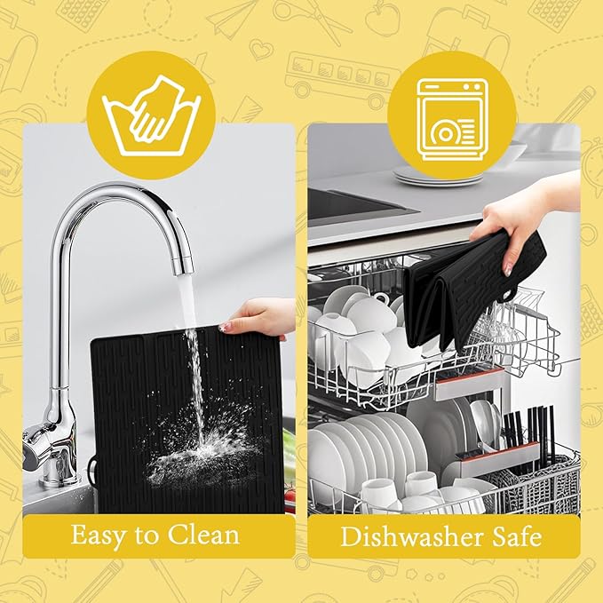 Klyrnd Silicone Dish Drying Mat - Extral Large 20.8" x 15.7" - Heat Resistant Silicone Trivet, Countertop Mat, Dish Draining Mat, Sink Mat, Easy to Clean Foldable Non Slip Dry Pad (Black)