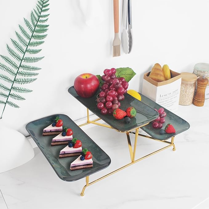 3 Tier Serving Trays for Party, 12.7 Inch Porcelain Serving Platters and Tiered Trays, Foldable Sturdy Gold Stand, for Food Display, Fruit, Cake Dessert, Decoration Entertaining, Dark Blue