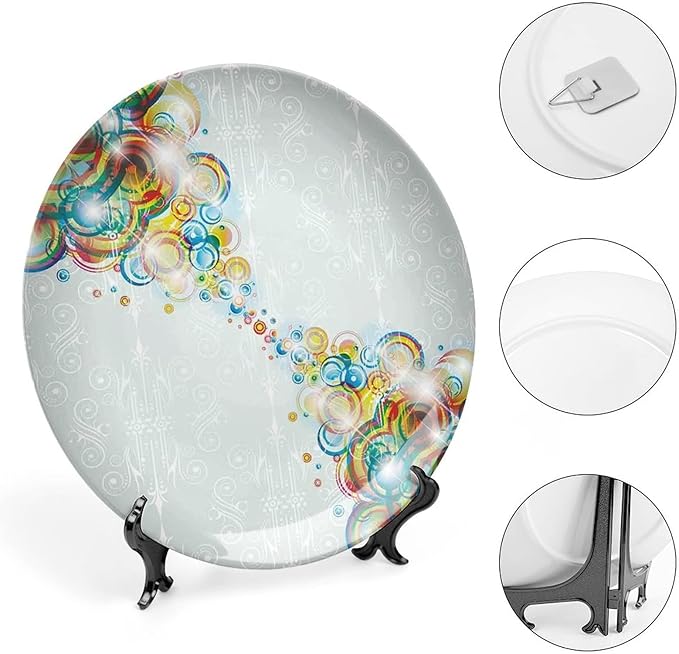 Ceramic Display Plate, Abstract Ceramic Hanging Decorative Plate, Modern Design Rainbow Waves Circles Patterned, 8 Inch, Household Custom Ceramic Plate, Multicolor