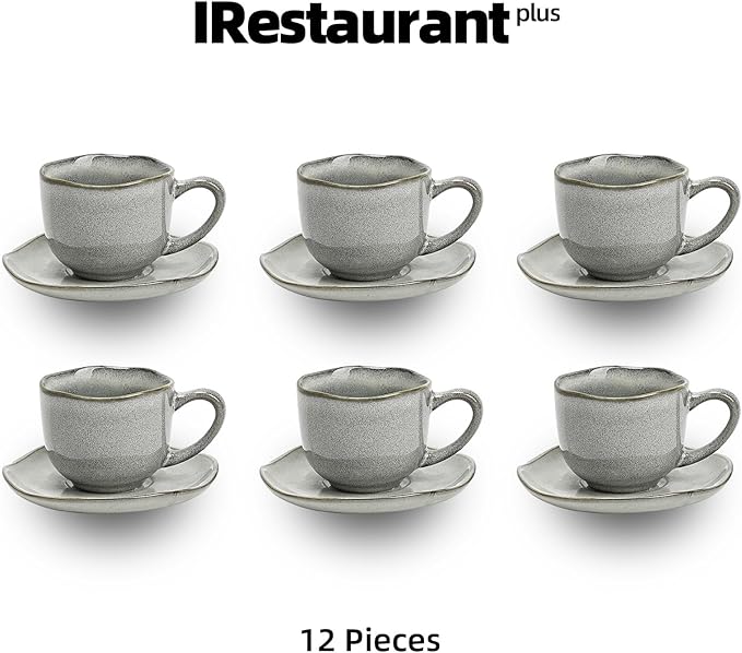 Organic Shape Highland Ceramic Coffee Cup and Saucer, 6pcs 8oz Handmade Reactive Glaze Saucer Sets with Wavy Edge, for Kitchen, Microwave & Dishwasher Safe, Scratch Resistant-grey