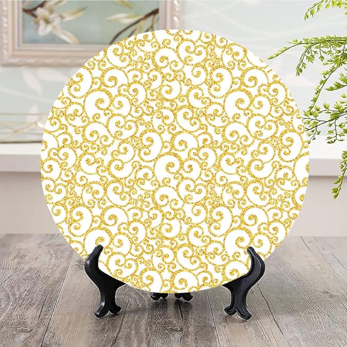 Ceramic Plates, Victorian Decorative Ceramic Plates, Swirling Lines Floral, 8 Inch, Household Plates Decorative, Golden