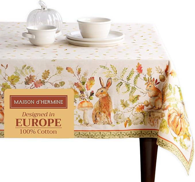 Maison d' Hermine Table Cloth Rectangle Table 100% Cotton 70 x 108 Inches Fall Tablecloth Reusable Everyday Use for Thanksgiving Christmas Decorations Dining Farmhouse Party (Pumpkin Passion)