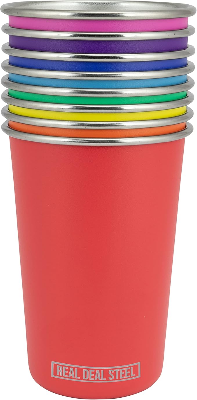 Real Deal Steel Rainbow Cups 16 oz Pint Cups, Stackable Tumblerrs, Eco Friendly Premium Metal Drinking Glasses