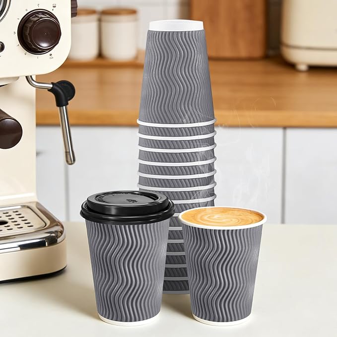 50 Pack 12 oz Coffee Cups with Lids, Disposable Insulated Hot Cups To Go Paper Coffee Cups, Corrugated Ripple Wall Cup for Hot Drink, Office, Coffee Bar (Grey 12 oz)