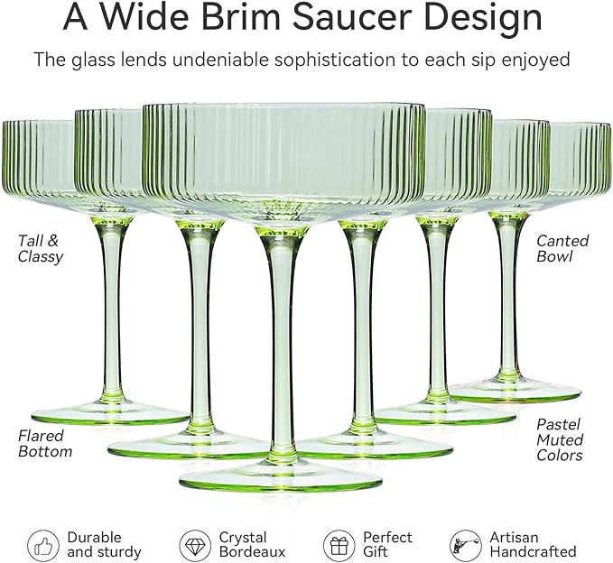 Green Vintage Art Deco Coupe Glasses Set of 6-9 oz Pale Green Ribbed martini Glasses|Vintage Cocktail Glasses Set,Unique Light green Coupe Glass