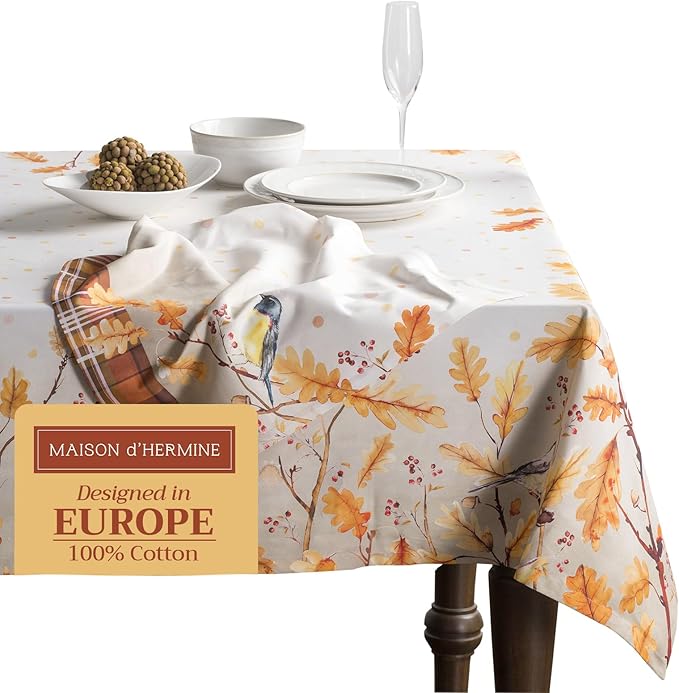 Maison d' Hermine Table Cloth Rectangle Table 100% Cotton 60 x 90 Inches Fall Tablecloth Reusable Everyday Use for Thanksgiving Christmas Decorations Dining Farmhouse Party (Oak Leaves)