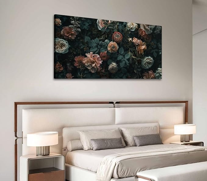 ADJUVANT Wall Art Floral 40"L x 20"W, Dark Hued Vintage Flowers With Lush Foliage Canvas Painting Elegant Blooms Artwork Retro Garden Prints Floral Wall Decor for Living Room Bedroom Study Home Office