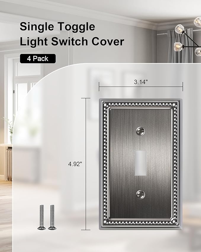 4-Pack Single Toggle Light Switch Cover Plate, Pearls Decorative Switch Plate Covers, Silver 1 Gang Metal Wall Plate, Corrosion Resistant