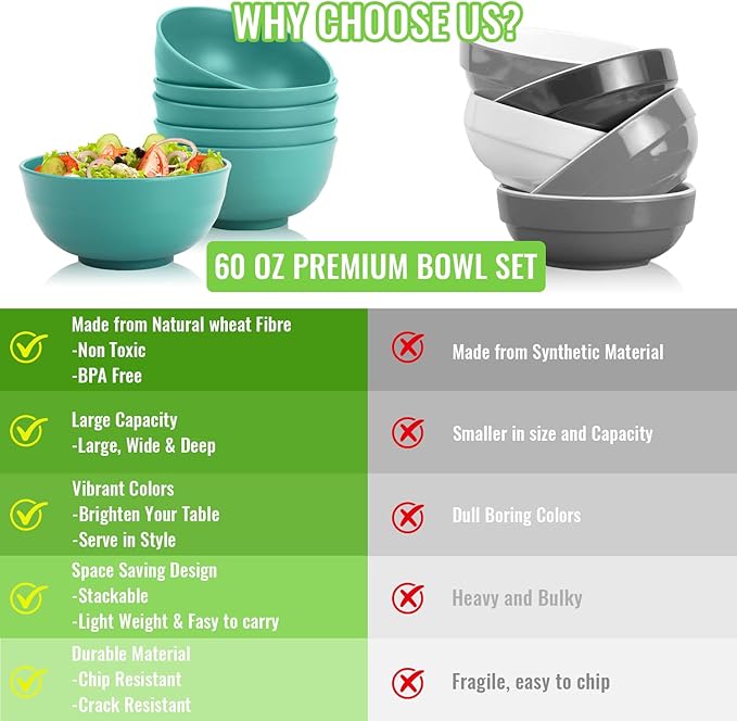 60 OZ Large Salad Bowls, Wheat Straw Camping Bowl Set of 6, Unbreakable Plastic Serving Bowls, Microwave & Dishwasher Safe Large Dinner Bowl for Kitchen & Outdoor, Green