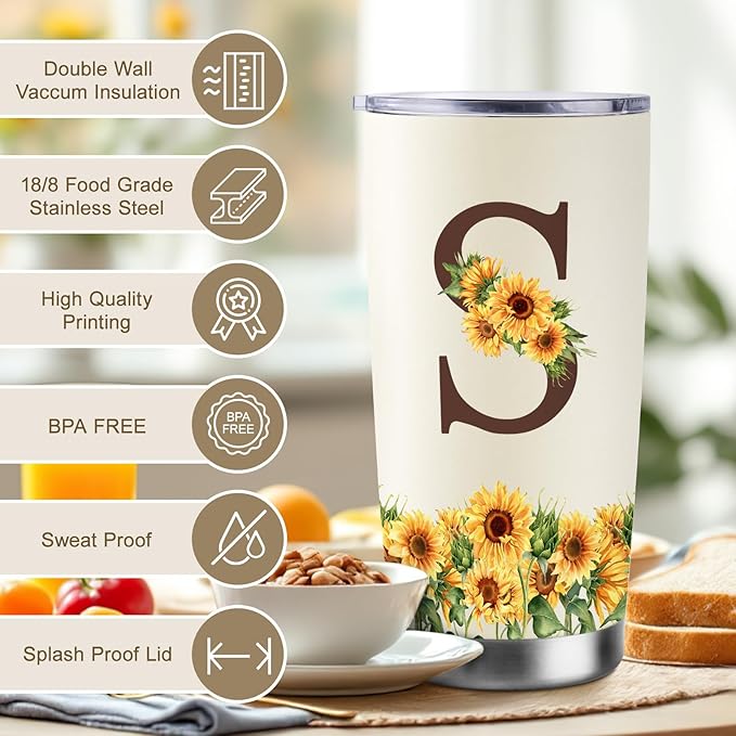 Sunflower Gifts for Women - Personalized Christmas Gifts for Women - Birthday Gift for Woman - Mothers Day Gift for Mom - Monogrammed, Initial 20oz Travel Cup Insulated Tumbler with Lid, S