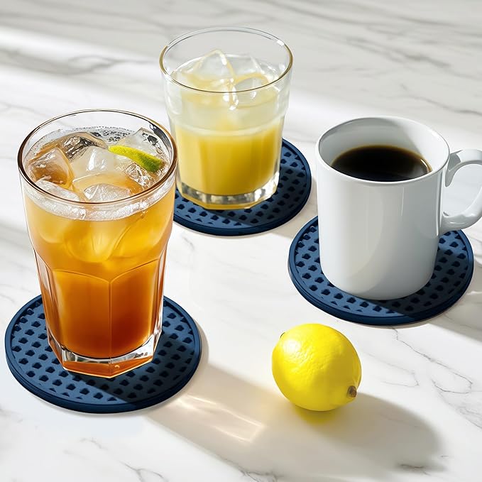 Coasters for Drinks, Silicone Coasters Set of 12 with ABS Holder, Outdoor Coaster for Coffee Table, Non-Slip Rubber Table Cup Mat Desk, Heat Resistant & Scratch-Proof (Navy Blue)