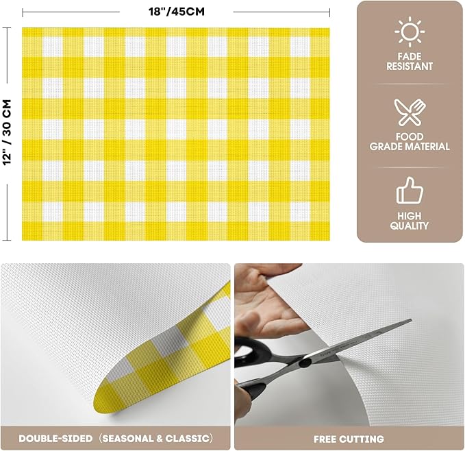 Artoid Mode Buffalo Plaid Vinyl Placemats Set of 4, 12x18 Inch Washable Non-Slip Heat Resistant Plastic Place Mats for Party Dining Table, Yellow/White