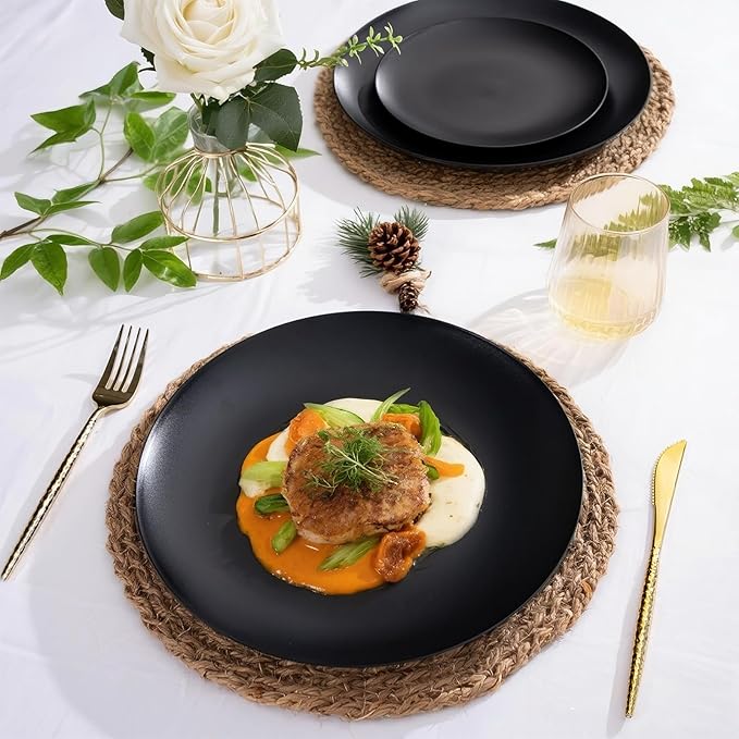 EI enjonirinjonir 80pcs Black Plastic Plates Disposable for Dinner,10.25inch Party Plates Disposable Heavy Duty,Elegant Matte Plastic Plate Frosted is Ideal for Wedding/Birthday//Tables Decoration