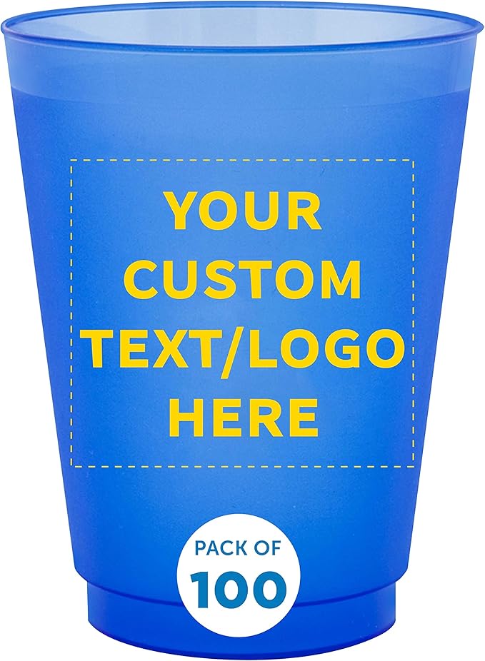 DISCOUNT PROMOS Custom Frosted Plastic Stadium Cups, 100 pack, Promotional Text, Logo, 16 oz. Shatterproof Flexible Reusable Party Cups, Blue