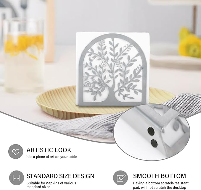 Napkin Holder for Tables, Tree of Life Design Modern Metal Napkin Holder for Home Kitchen & Picnic Party, Silver Grey