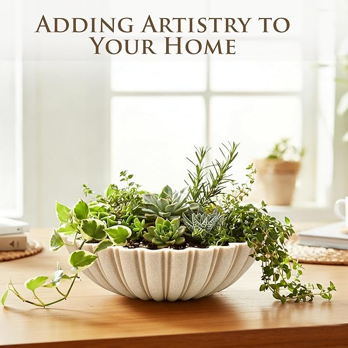 Modern Decorative Bowl for Home Decor - 10.6” Large Beige Resin & Sandstone Centerpiece Bowl for Entryway Table, Coffee Table, Kitchen Counter or Serving Fruit, Includes 10PCS Artificial Moss Rocks
