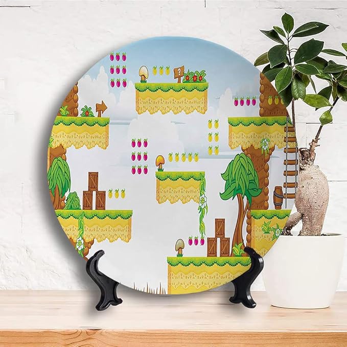 Ceramic Display Plate, Video Games Ceramic Hanging Decorative Plate, Cartoon Retro Computer Graphic Kids Western, 6 Inch, Living Room Kitchen Decoration Household, Multicolor
