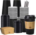 50 Pack 16 oz Disposable Coffee Cups with Lids, Paper Hot Coffee Cups with Sleeve and Straw, To Go Cups for Home, Office, and Party (Black 16oz)