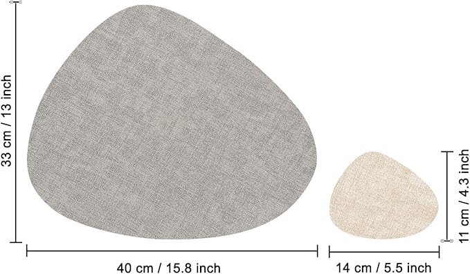 Placemats and Coasters, Washable Placemats Round Faux Leather Wipeable Place Mats Non Slip Heat Resistant Indoor Outdoor Table Mats (Set of 4, Light Gray Cream-White)