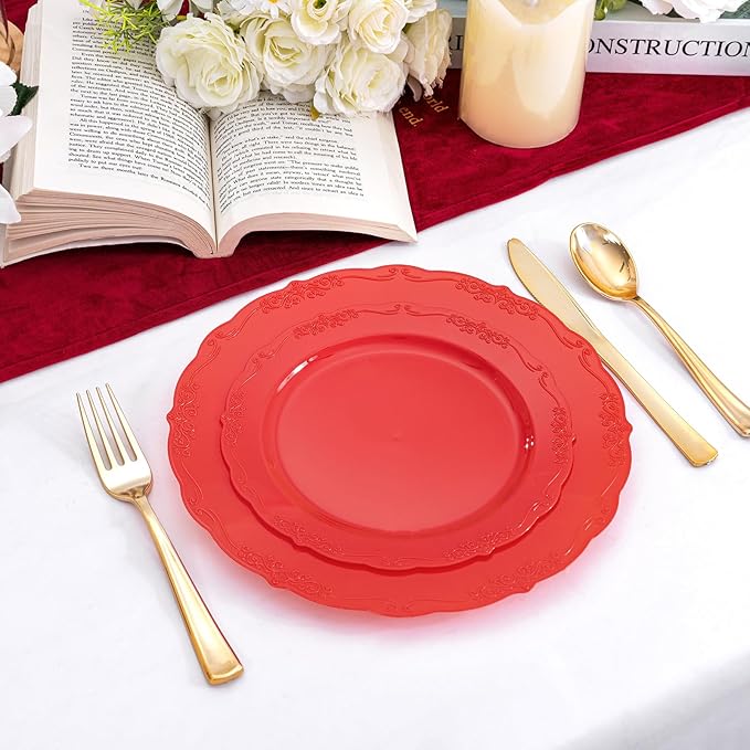 U-QE 100PCS Red Plastic Plates - Heavy Duty Valentines Plates Disposable, Red Plates Disposable Include 50PCS 10.25" Dinner Plates and 50PCS 7.5" Dessert/Salad Plates for Valentine's Day, Party