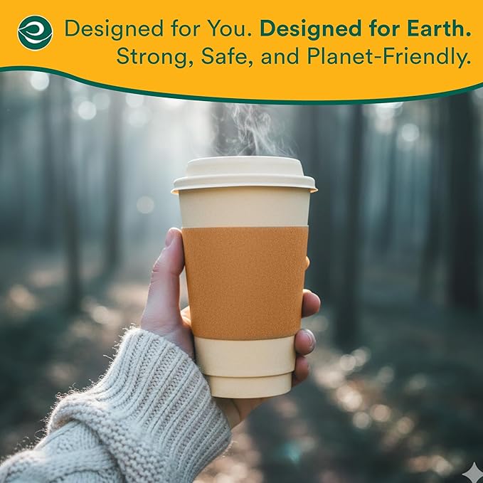 ECO SOUL 200 Pack 16 oz Disposable Coffee Cups with Lids & Sleeves Eco-Friendly, Biodegradable, Compostable, Leak-free & Sturdy To Go Hot Drink Cup for Tea, Chocolate Party Travel Cafe Office & Home
