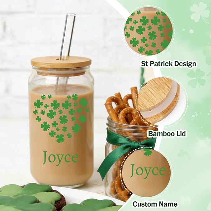 Mason Life St Patrick's Day Personalized Glass Tumbler, Print 2 Sides 18 OZ Cute Glass Cup with Lid and Straw, Lucky Clover Beer Can Glass, Personalized St.Patrick's Day Gift