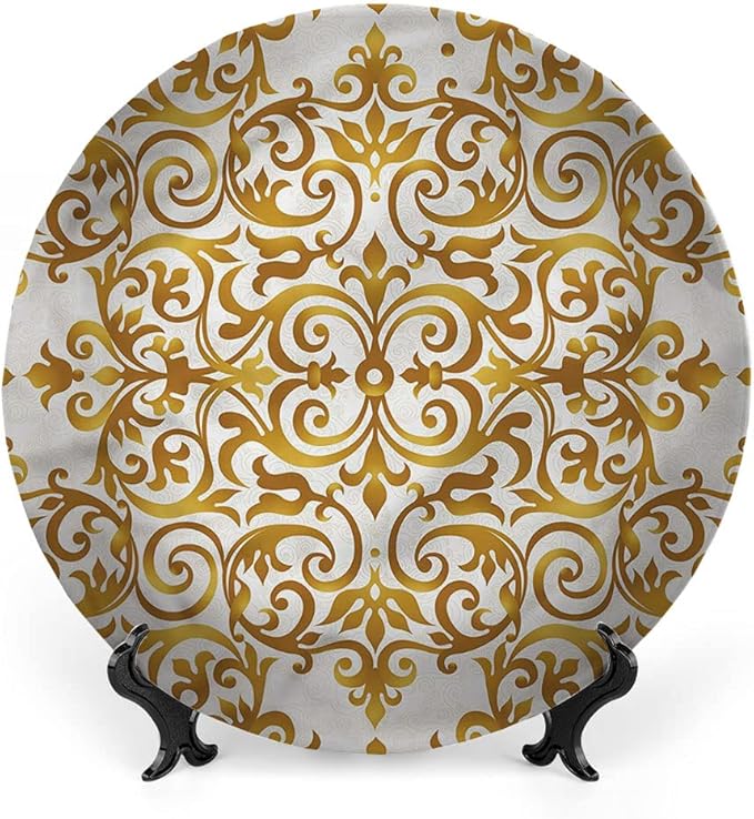 Ceramic Display Plate, Victorian Ceramic Hanging Decorative Plate, Victorian Lace Floral, 8 Inch, Living Room Kitchen Decoration Household, Golden