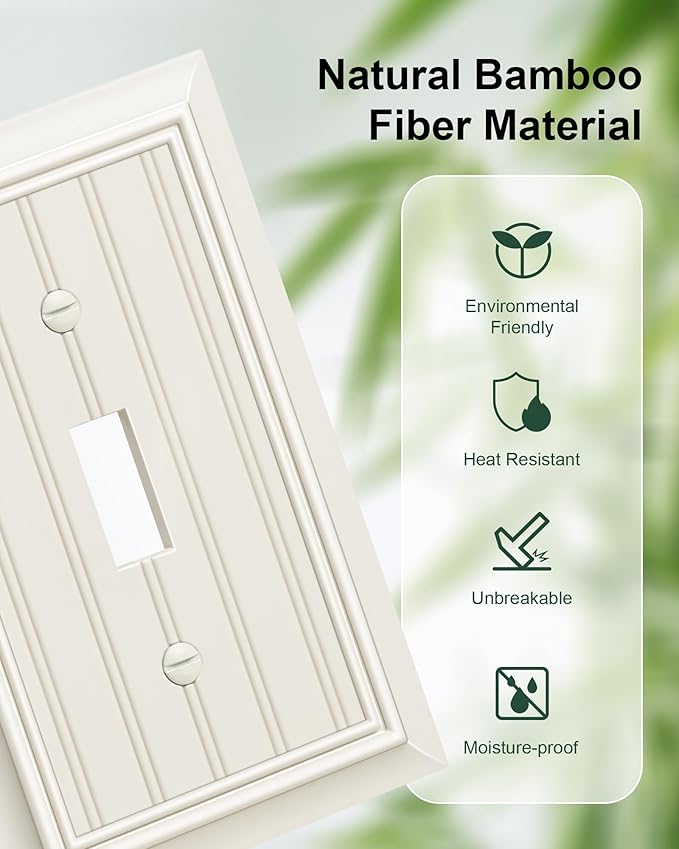 4-Pack Classic Beadboard Single Toggle Light Switch Cover Plate, Durable Natural Bamboo Fiber Decorative Switch Plate Covers, Light Almond 1 Gang Wall Plate