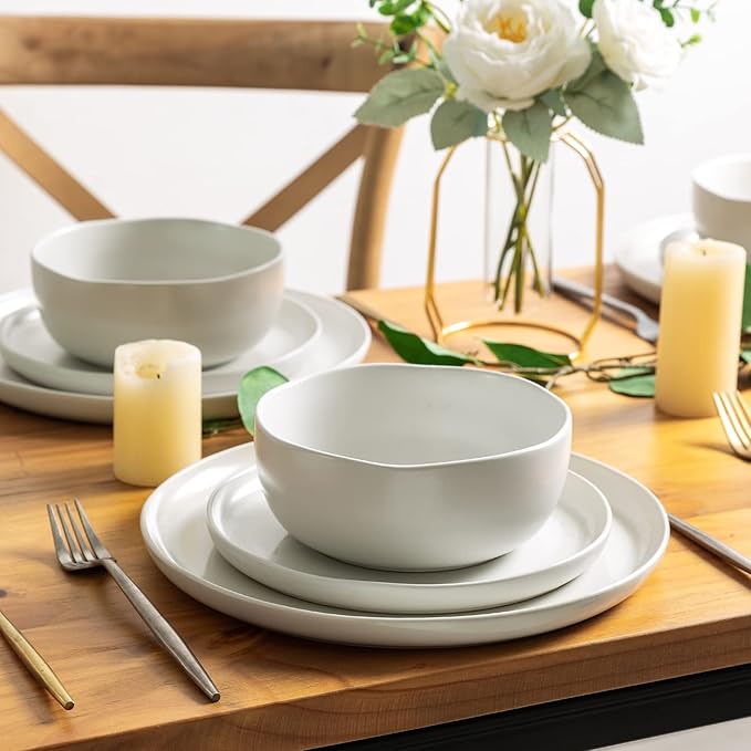 AmorArc Ceramic Dinnerware Sets, Wavy Rim Stoneware Plates and Bowls Sets,Dishwasher & Microwave & Oven Safe Dishes set, Service for 4 (12pc)-Mix Color