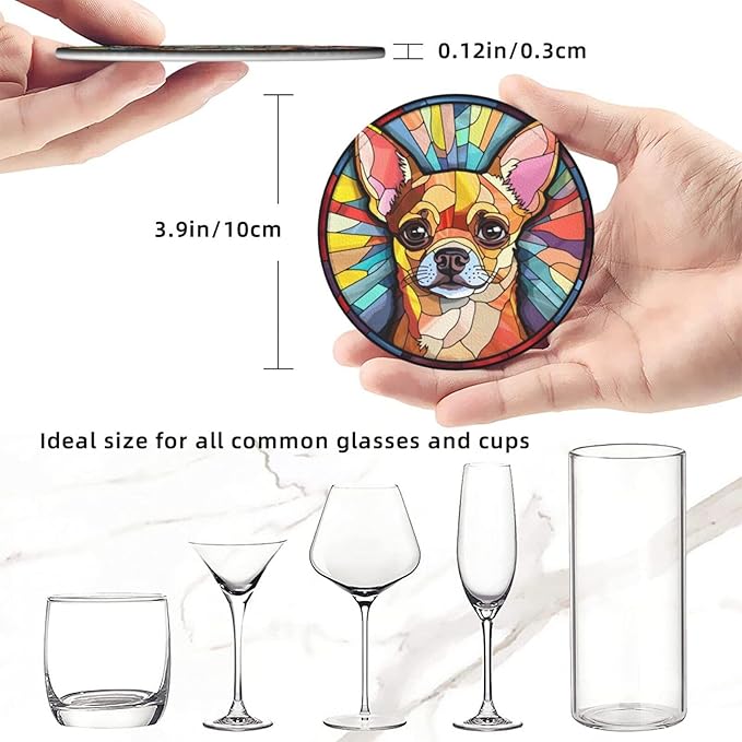 Drink Coaster Set of 6, Chihuahua Dog Mom Lover Gift,Leather Drink Coasters with Holder,6 Pack Cup/Bar/Drink Coasters for Table/Drinks/Coffee Protection Housewarming Gift