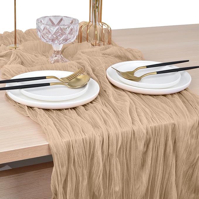 Joanlody Champagne Cheesecloth Table Runner Spring Easter 10Ft Rustic Gauze Boho Cheese Cloth Table Runner for Wedding Bridal Baby Shower Decoration
