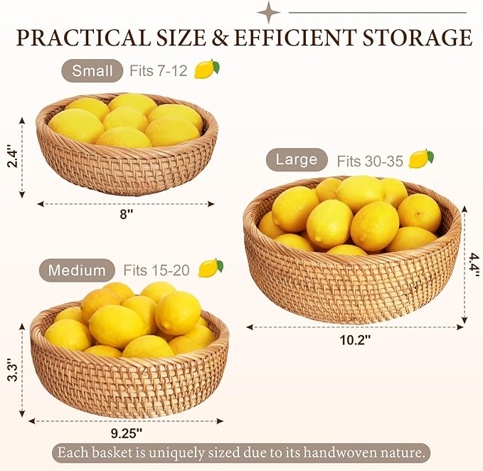 8" Round Small Wicker Basket, Artisanal Key Bowl for Entryway Table, Decorative Bowl for Kitchen Counter, Bedside, Living Room, Natural Woven Fruit Bowl, Purse Bowl, Rattan Bread Basket