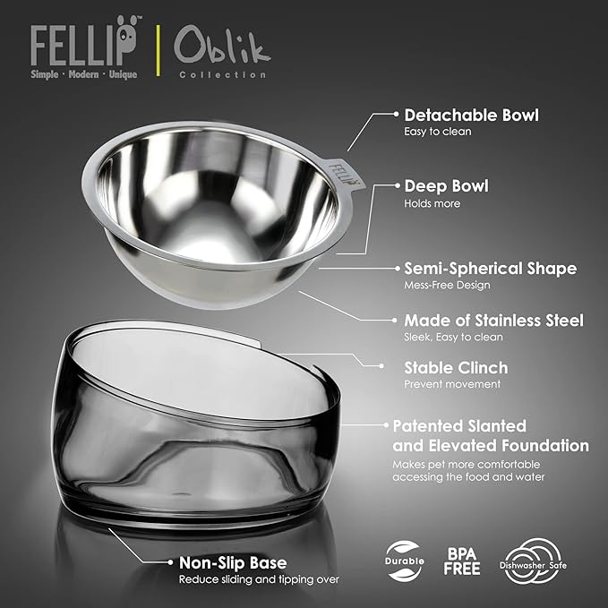 Felli Pet Oblik Acrylic Raised Dog Food Water Bowl Stainless Steel Slanted Oval Dish for Short Leg Puppy & Small Medium Pet, Elevated Tilted Metal Feeder (Smoky, 1.5 Cups Oval Dish)